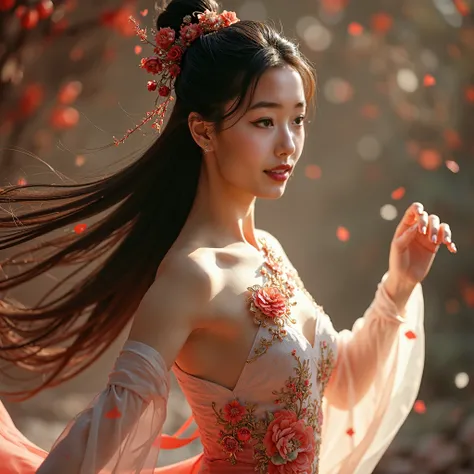 A beautiful Chinese female lady with no glasses, dancing to traditional chinese music in a seductive manner. Intricate hair accessories and intricate flower design on dress. Professional photography. Ultra-realistic.