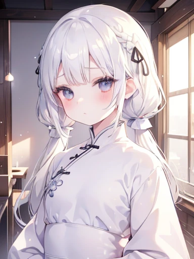 White Hair、Snow-white skin、Small breasts、、Elementary school student-sized chest、Kindergarteners、Twin tails、Odd Eye、Chibiキャラ、Pure white skin、White Chinese clothing、（Chibi）、