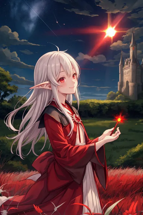 葬送のFrielen、Frielen、A red light is coming from the wand.、Flying in the sky、grassland、Old Castle Ruins Solo, chest, smile, Anatomically correct, Very detailed, Long pointed ears, look up, anime, Best Quality, 