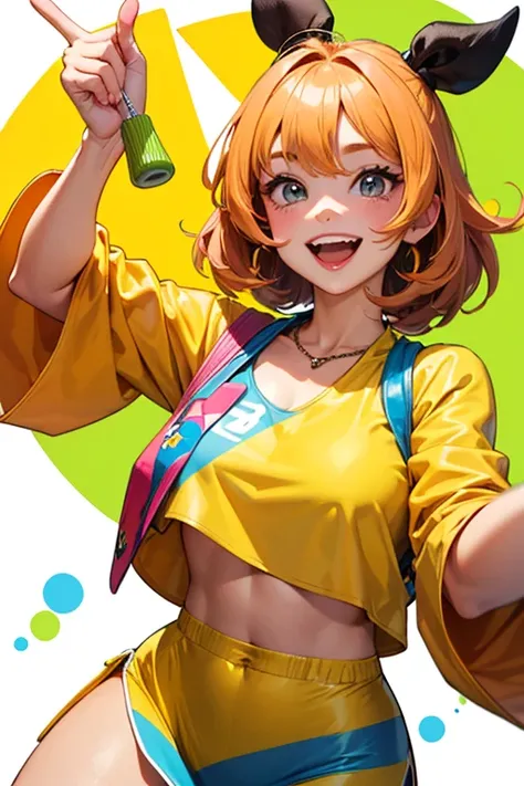 A fun-loving, energetic character with a big smile, dressed in stylish and attention-grabbing clothing,yellow,,maracas