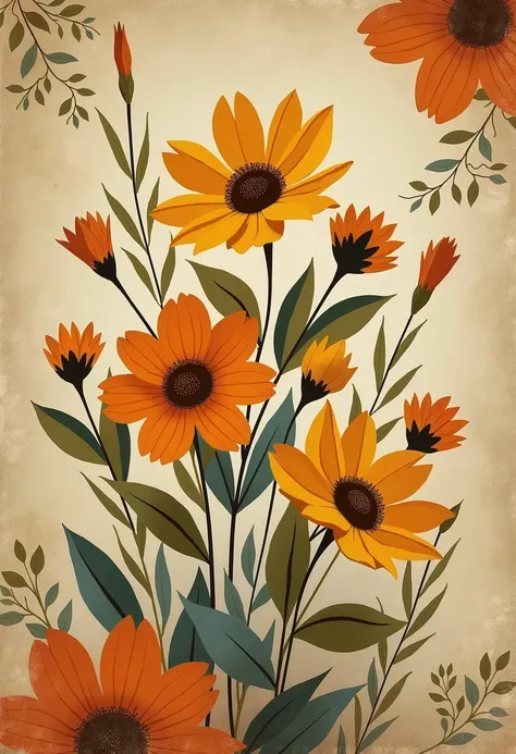 Design a vintage-inspired wall art with a 70s aesthetic. Use muted, faded colors such as mustard yellow, burnt orange, and olive green. Incorporate retro patterns, floral motifs, and textured backgrounds. 300 DPI, aspect ratio 3:4.
