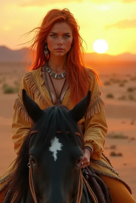 Masterpiece, transitioning to a desert landscape at sunset, a lone figure, a beautiful 20 years old dark tanned native American girl emerges wearing beautiful warm nomadic clothes, dark tanned skin, orange hair, blue-grey eyes, colossal breasts, freckles, ...