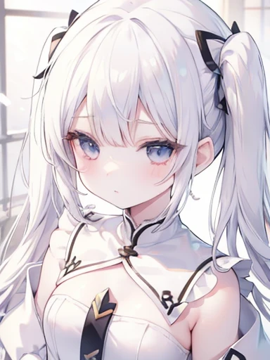 White Hair、Snow-white skin、Small breasts、、Elementary school student-sized chest、Kindergarteners、Twin tails、Odd Eye、Chibiキャラ、Pure white skin、Leather type uniform（Chibi）、Too much exposed skin