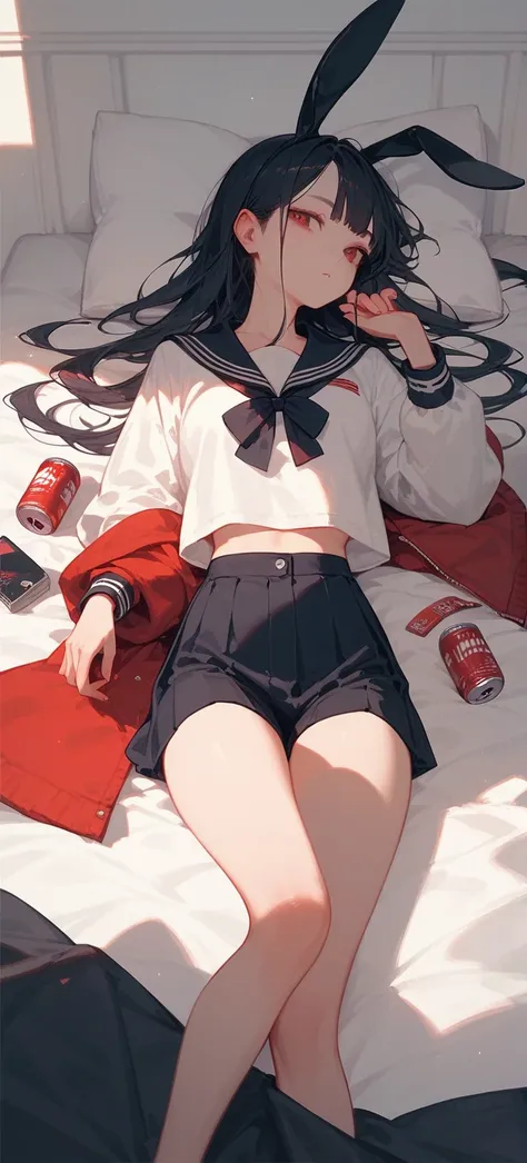 1 Girl，whole body，White，Black long straight hair，Red eyes，Bunny ears，Lying in bed，，Sailor Suit，Conservative，Can pass the review，Normal