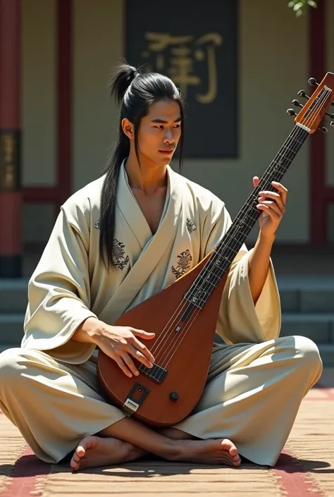 A man, 4, Asian, muscular, calm expression, slight smile, long hair, straight hair, black hair, hair tied in a ponytail, off-white kimono with patterns, geta on his feet, sitting in a Japanese temple, playing the Shamisen, realistic