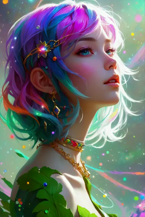 Close-up of a woman with colorful hair and necklace, anime girl with cosmic hair, soft vitality of Rossdraws, artwork in Guvez style, fantasy art style, colorful], vibrant fantasy style, Rossdraws cartoon full of vitality, universe and colorful, Guweiz, co...