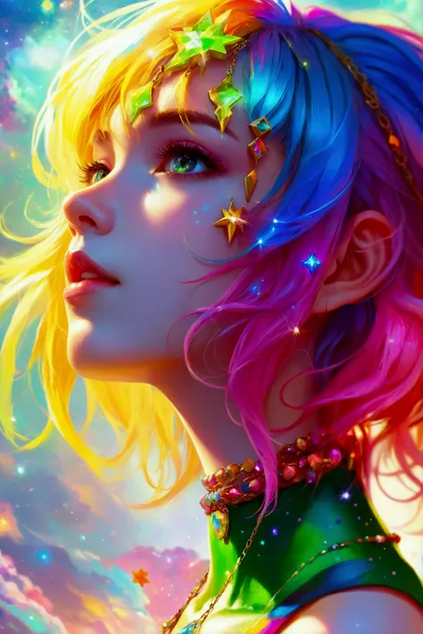 Close-up of a woman with colorful hair and necklace, anime girl with cosmic hair, soft vitality of Rossdraws, artwork in Guvez style, fantasy art style, colorful], vibrant fantasy style, Rossdraws cartoon full of vitality, universe and colorful, Guweiz, co...