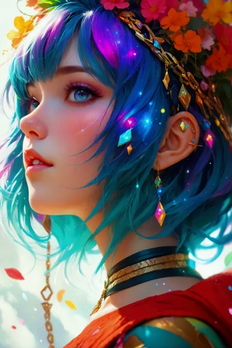 Close-up of a woman with colorful hair and necklace, anime girl with cosmic hair, soft vitality of Rossdraws, artwork in Guvez style, fantasy art style, colorful], vibrant fantasy style, Rossdraws cartoon full of vitality, universe and colorful, Guweiz, co...