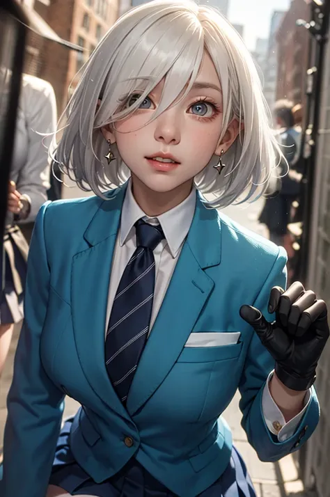 blue blazer, tie, pleated skirt, one glove, white thighhighs, college student