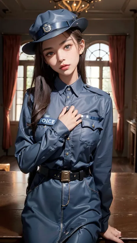 Plain background, (Wearing a policewoman uniform and a hat: 1.4), good hand, 4K, high resolution, Masterpiece, คุณภาพดีatสุด, head: 1.3, ((Photography with Hasselblad)), Fine skin, โฟกัสatชัดเจน, (cinematic lighting), Soft light, Dynamic angle, [:( Facial ...