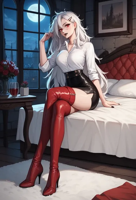 score_9, score_8_up, score_7_up, score_6_up, score_5_up, score_4_up, source_anime, 1girl, full body, bed, white hair, long hair, red eyes, black lipstick, hairpins, messy hair, white shirt, leather skirt, crossed legs, red thigh high boots, heels, night, w...