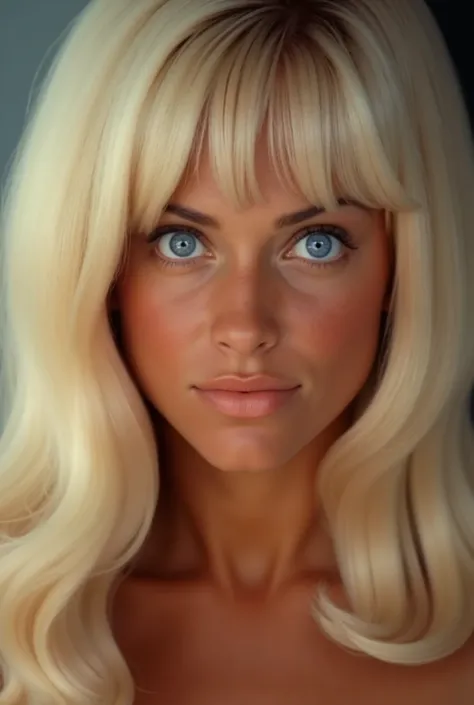 a blonde woman, long hair, bangs, bright blue eyes, head shot