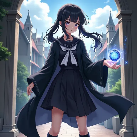 masterpice anime, hentai,1girl, Black Hair, low tiwntails, Black Robe, Sailor collar black dress, boots, scoop, A wristwatch-type magical device, Magic School