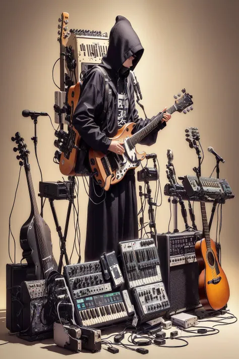 穿着连帽衫的男人正在弹奏Guitar和键盘的图片, Guitar，Electronic keyboard，Synthesizer,Mixer , Electronic Music,Propaganda Art, Instrument Variations，Various musical instruments，One-man band