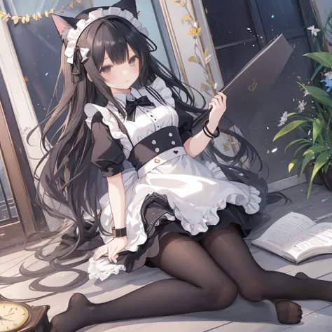  1girl, solo, long hair, black hair, dress, ribbon, holding, animal ears, jewelry, sitting, full body, short sleeves, pantyhose, indoors, cat ears, apron, bracelet, feet, book, black pantyhose, maid, maid headdress, toes, wariza, no shoes, soles, maid apro...