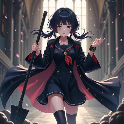 masterpice anime, hentai,1girl, Black Hair, low tiwntails, Black robe coat, Knee-length black dress with sailor collar, boots, Shovel in one hand, A wristwatch-type magical device, Magic School