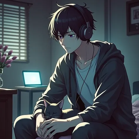 "An anime-style scene featuring a man sitting in a dimly lit bedroom, wearing headphones, with a melancholic expression. A cat is lying beside him, offering quiet companionship, reflecting a sense of loneliness and comfort. The room is dark, with soft shad...