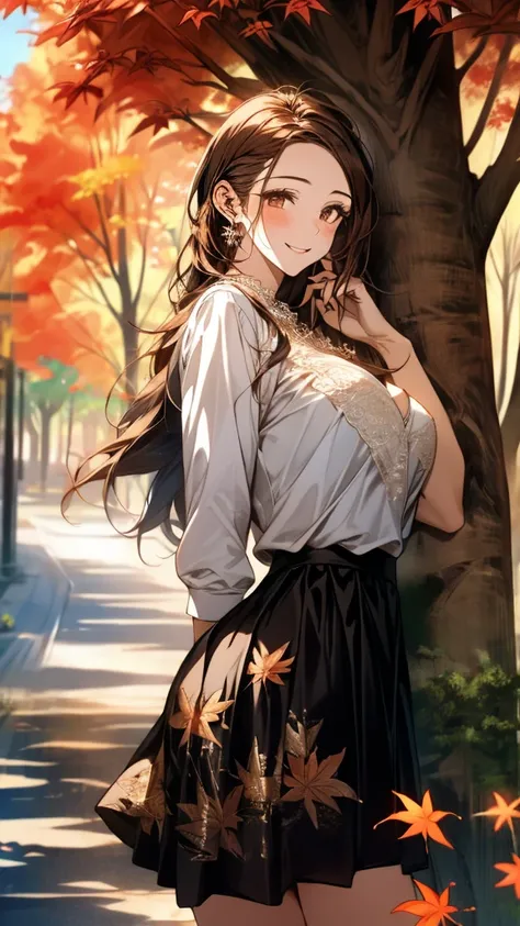 Best Quality,High image quality,Masterpiece,1girl,Adult women, Dark brown hair,Long Hair,Side braiding,Droopy eyes,8 heads,Big Breasts,blouse,Stole,Brown lace long skirt,Beautiful lace,boots,standing,Elegant appearance,smile,autumn leaves,Tree-lined street...