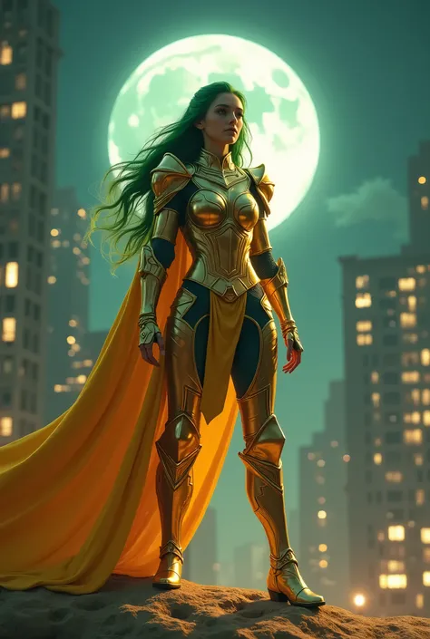 (masterpiece4K resolution, Ultra-realistic, Very detailed), (『Knight of the Constellation』Theme, Charisma, There is a stunning girl on top of the city, Sagittarius Knight in Golden Armor, She is a superhuman hero), [ ((20 years), (Long Green Hair:1.2), who...