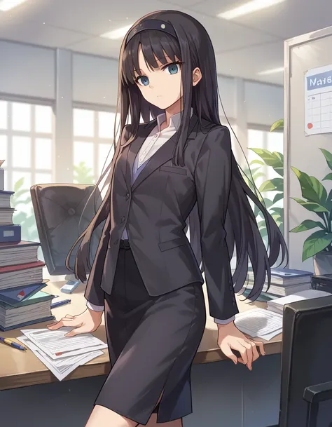 (best quality:1.4), (masterpiece:1.4), 1girl, akiha tohno, suit, office lady, black suit, pencil skirt, long hair, teenager, loo...