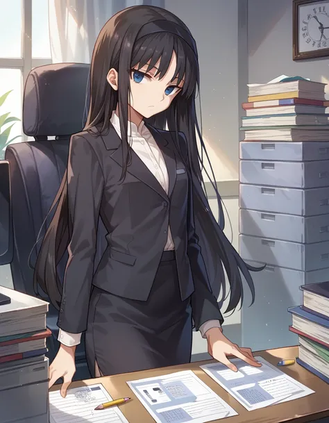 (best quality:1.4), (masterpiece:1.4), 1girl, akiha tohno, suit, office lady, black suit, pencil skirt, long hair, teenager, loo...