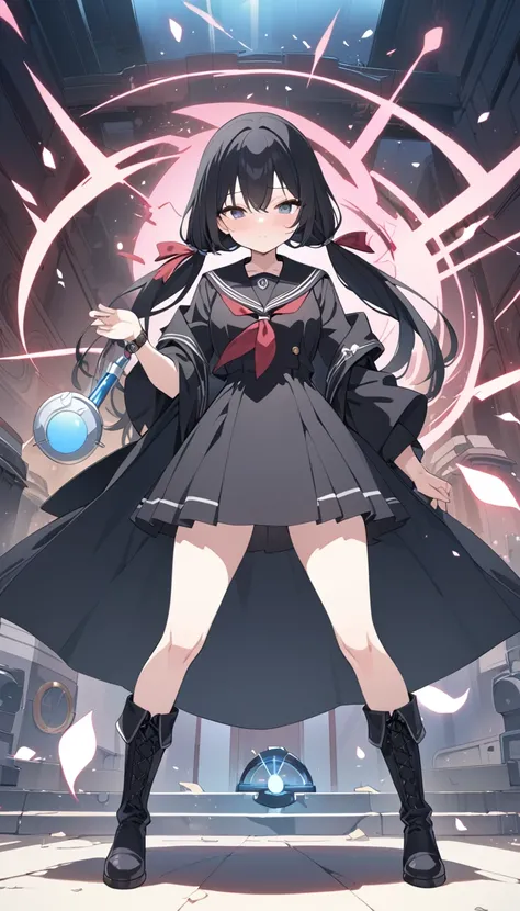 High resolution, 8k, best quality, masterpiece, ultra detailed, anatomically correct, masterpice anime, hentai,1girl, black Hair, low tiwntails, black robe coat, knee-length black dress with sailor collar, boots, battle scoop in one hand, a wristwatch-type...