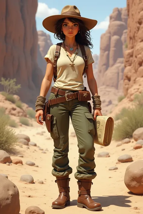 a girl who appears to be an explorer or adventurer, dressed in earthy tones. She wears a wide-brimmed brown hat, resembling a cowboy hat, paired with a short-sleeved cream shirt and olive-green cargo pants with multiple side pockets for carrying tools. Her...