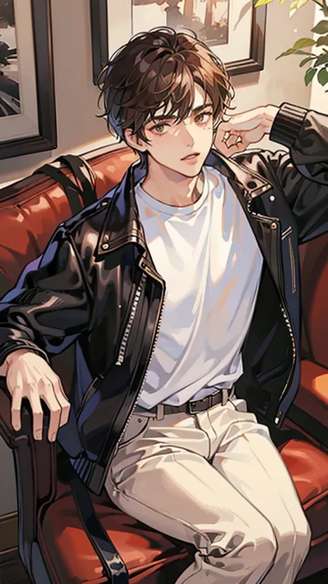 (masterpiece, best quality), 1 guy, brown hair, brown eyes, white T-shirt, black leather bomber jacket, handsome, looking at the viewer, sitting on a black armchair, ((high quality))