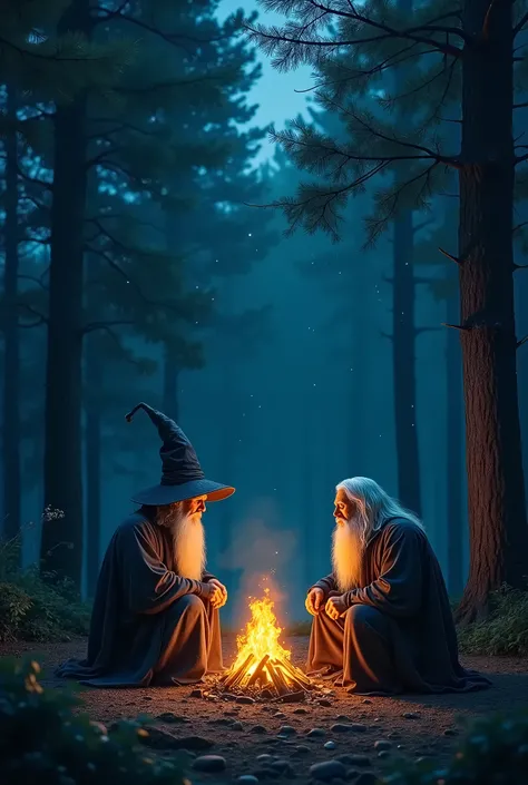 The image depicts two elderly wizards sitting by a campfire in a quiet, mystical forest at night. Both wizards have long white beards and are dressed in traditional wizard robes. The wizard on the left wears a pointy hat, while the one on the right has his...