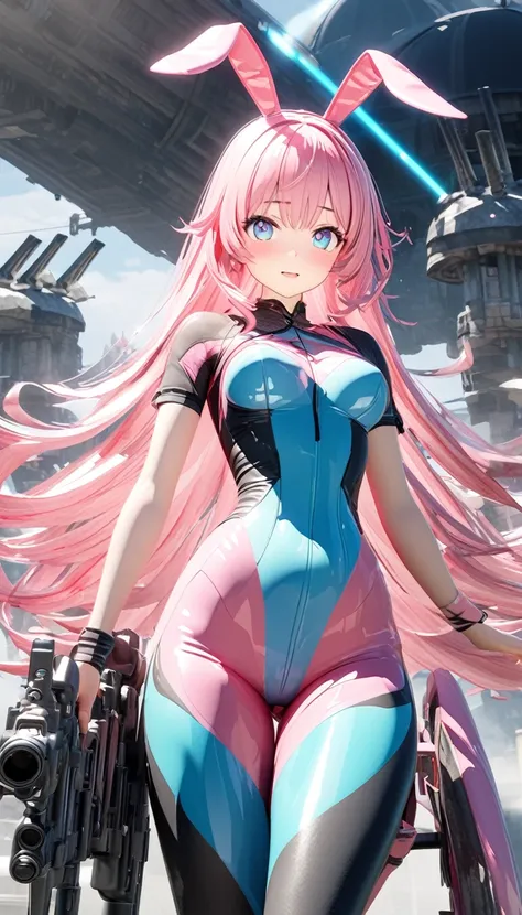 sputtering techniques, fusion of watercolor and acrylic paintings, BREAK kawaii female, bunny ears, pink glossy silky hair, captivating beautiful eyes, amorous and lewd expression, fascinating, perfect proportions, wearing short-sleeved short pants bodysui...