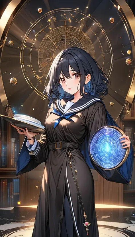 High resolution, 8k, best quality, masterpiece, ultra detailed, anatomically correct, masterpice anime, hentai,1girl, black Hair, low tiwntails, dark brown eyes, black robe coat, knee-length black dress with sailor collar, boots, scoop in one hand, a wrist...