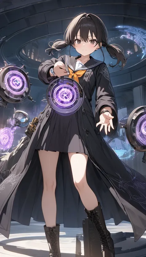 High resolution, 8k, best quality, masterpiece, ultra detailed, anatomically correct, masterpice anime, hentai,1girl, black Hair, low tiwntails, dark brown eye, black robe coat, medium black dress with sailor collar, boots, scoop in one hand, a wristwatch-...