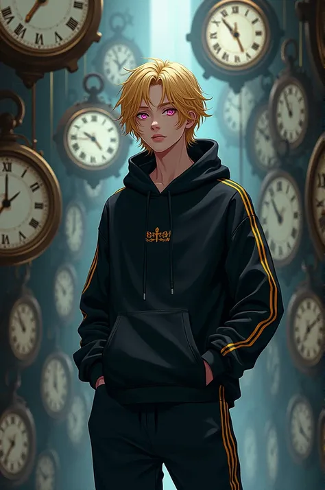 Male,21 years of age, pink eyes and blonde hair, in a black hoodie and sweatpants with yellow stripes on the sides, in a room full of clocks.