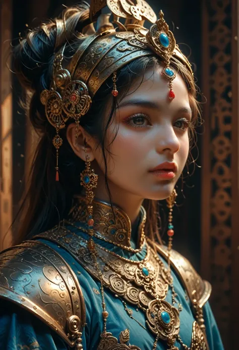 1girl,beautiful detailed eyes,beautiful detailed lips,extremely detailed face,longeyelashes,oriental warrior,arabian armor,intricate details,ornate,metallic,detailed fabric,medieval,fantasy