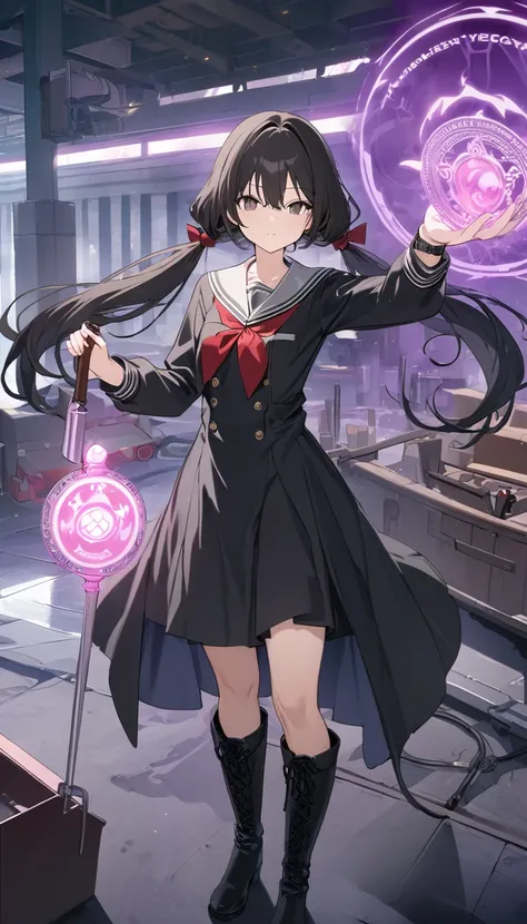 High resolution, 8k, best quality, masterpiece, ultra detailed, anatomically correct, masterpice anime, hentai,1girl, black Hair, low tiwntails, dark brown eye, black robecoat, medium black dress with sailor collar, boots, shovel in one hand, a wristwatch-...