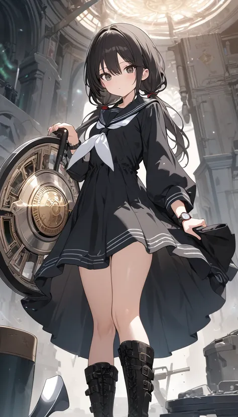 High resolution, 8k, best quality, masterpiece, ultra detailed, anatomically correct, masterpice anime, hentai, 1girl, black Hair, low tiwntails, dark brown eye, black hooded robe, medium length black sialor dress with black sailor collar, white line, boot...