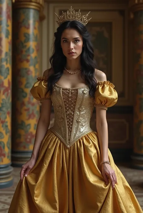 A beautiful adult princess with raven hair, standing in a palace chamber, her face is confused and unpleasantly surprised, she is wearing a gold and silver dress, 16th century fashion, she looks under her hair skirt as if looking for something there, 16th ...