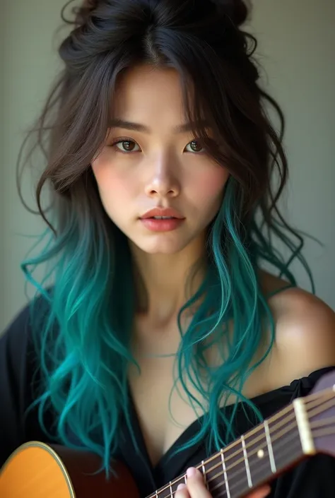 Create an ultra-realistic portrait of a young woman with long hair, wavy dark brown hair that transitions into vibrant blue-green highlights. Her hair is styled with the top half loosely tied into a messy bun., while the rest flows freely over your shoulde...