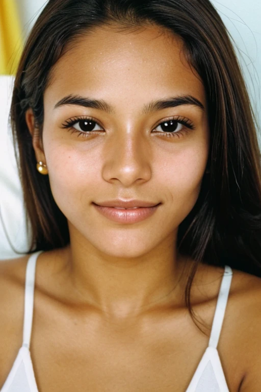 (disposable camera shot) close up of 30 years young, cute Brazilian woman, perfect face, clear face, no blemishes that represent the proven tips of science research that produce glowing skin