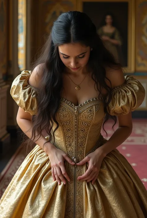 A beautiful adult princess with raven hair, standing in a palace chamber, her face is confused and unpleasantly surprised, she is wearing a gold and silver dress, 16th century fashion, she is raising her hair with her hands and leaning towards her skirt, s...