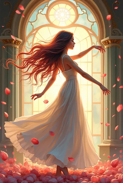 A beautiful young woman with long, flowing hair in vibrant, split-colored strands dancing in the wind, surrounded by swirling petals amidst a serene, stained glass-like environment. Intricate, decorative details adorn the scene, creating a captivating, com...