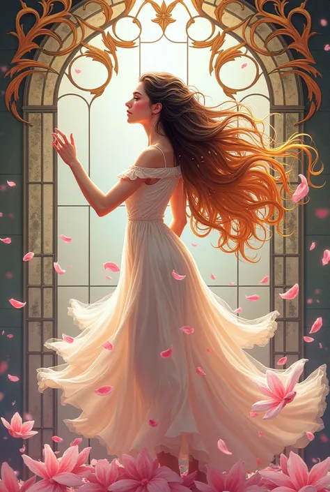 A beautiful young woman with long, flowing hair in vibrant, split-colored strands dancing in the wind, surrounded by swirling petals amidst a serene, stained glass-like environment. Intricate, decorative details adorn the scene, creating a captivating, com...