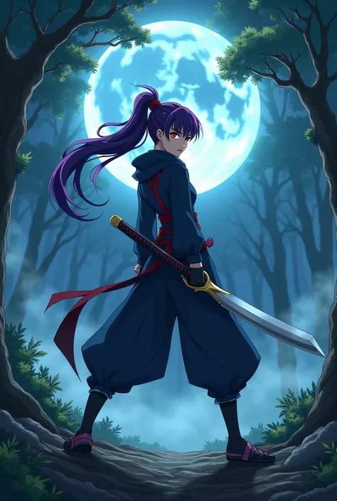 anime、Best Quality、One Woman、Female Ninja、ponytail、Red Eyes、Angry expression、Thin features、Standing with legs apart、Holding a sword in front of the body、The sword is only held in the right hand、Purple Hair、In the woods、The crescent moon is shining、The fog ...