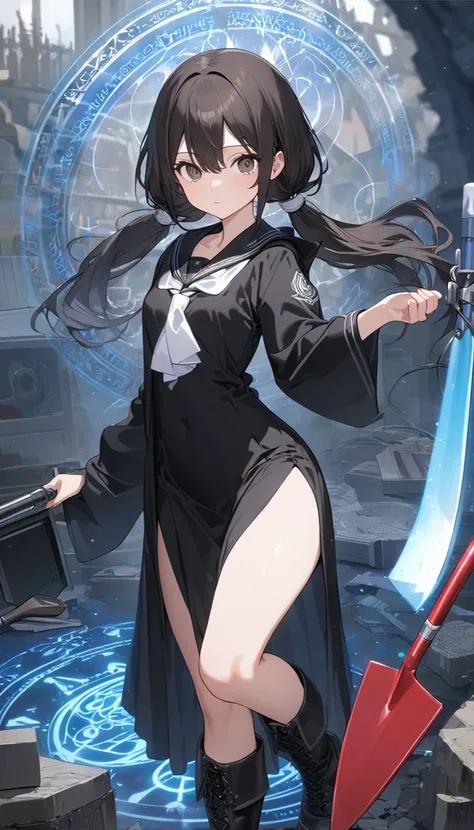 High resolution, 8k, best quality, masterpiece, ultra detailed, anatomically correct, masterpice anime, hentai, 1girl, black Hair, low tiwntails, dark brown eye, (black hooded robe), medium length black sialor dress with black sailor collar, white line, bo...