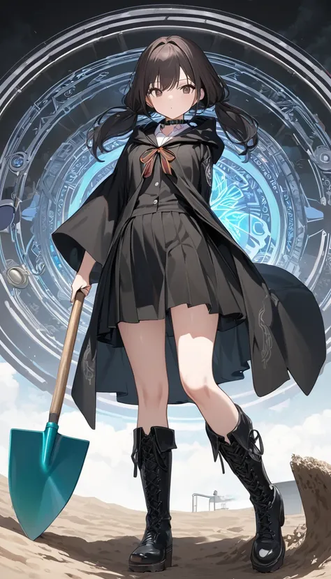 High resolution, 8k, best quality, masterpiece, ultra detailed, anatomically correct, masterpice anime, hentai, 1girl, black Hair, low tiwntails, dark brown eye, (black hooded robe), medium length black sialor dress with black collar, skirt, white line, bo...