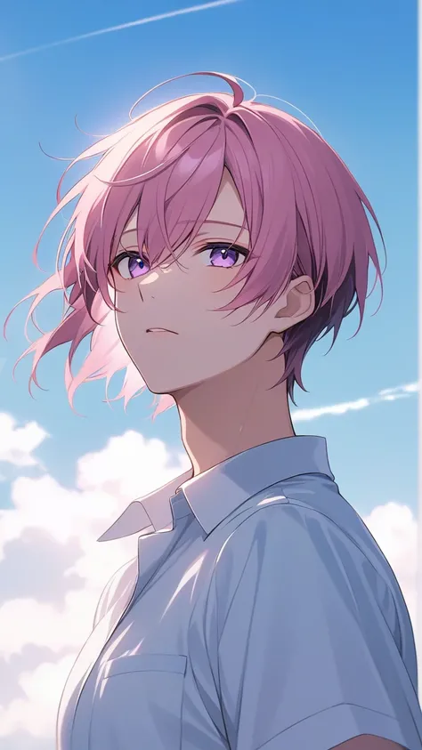 handsome, Alone, 1 man、Look over here、Attractive eyes、Masterpiece, best quality,He is looking in this direction.、pink hair, Short hair, Bright and deep violet eyes、A disappointed look, Yandere, sky background, afternoon, Bright environment, soft lighting.