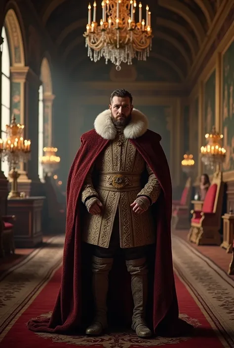 King Henry VIII. Tudor in his palace, looking forward, the background is the sumptuous interior of the royal palace, high detail shape, film style, HD quality