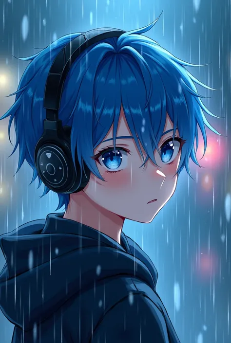 A very handsome boy. Anime. Blue eyes. Blue hair. Wearing a headphone. Raining on background. Wallpaper. 8k.