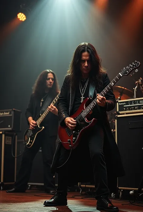 a classic heavy metal band from the 1970s, Black Sabbath, Ozzy Osbourne, Tony Iommi, Geezer Butler, Bill Ward, dramatic lighting, cinematic, moody, gritty, grainy, grunge, high contrast, muted colors, dramatic shadows, intense expressions, dynamic poses, v...