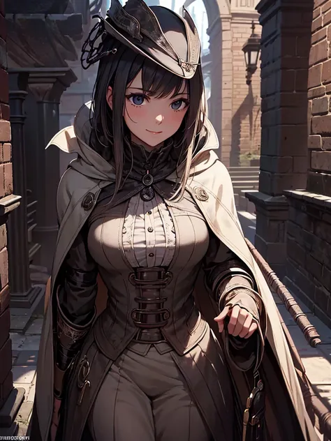 (​masterpiece, top-quality, hight resolution, Unity 8k, extremely details CG:1,Best Picture), hunter (bloodborne), Create an image of a stunningly beautiful woman casually approaching someone in a public space, confidently flirting in a playful and open wa...